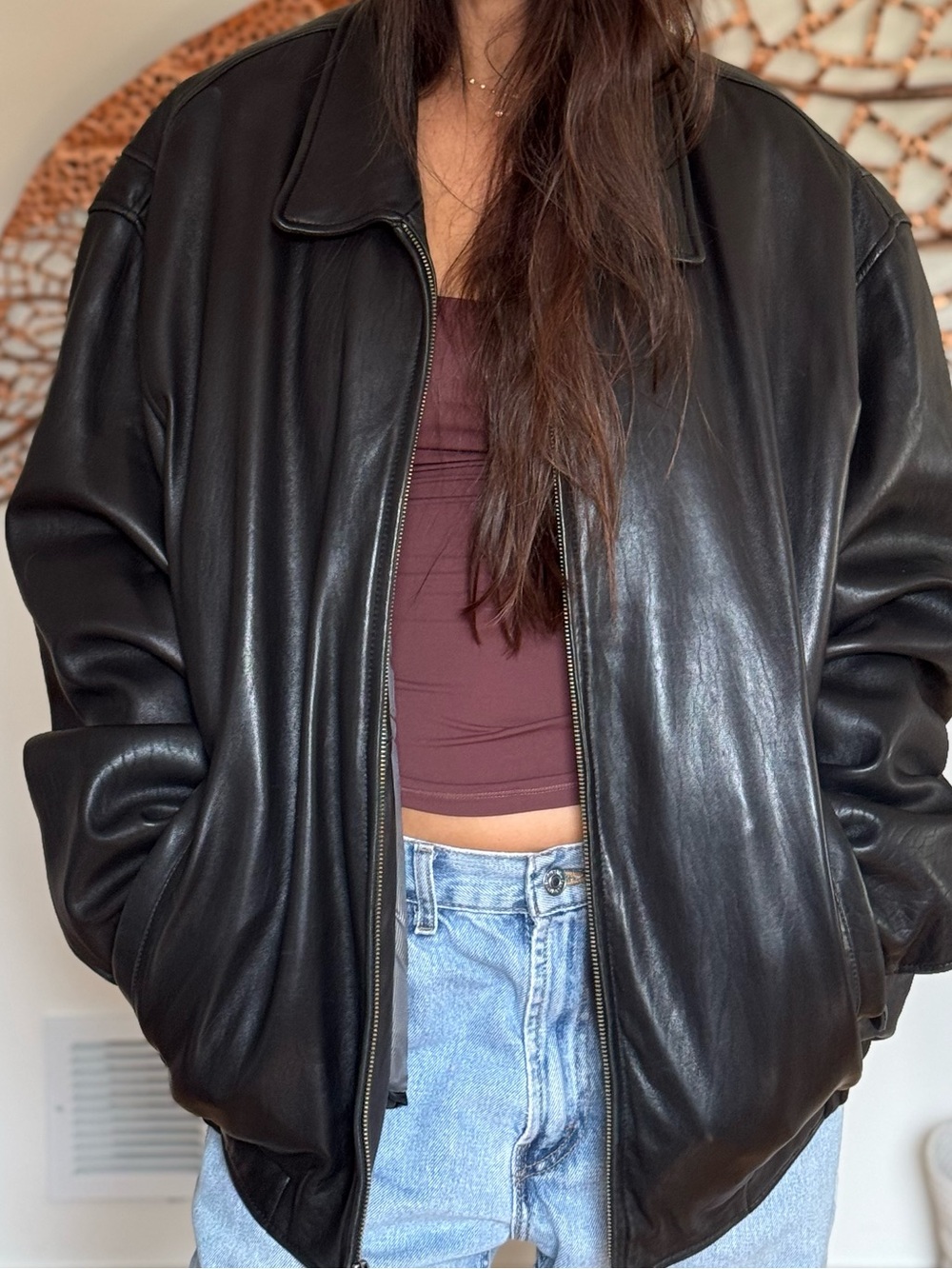 Vintage Black Leather Oversized Bomber Jacket Size - Picture 4 of 4